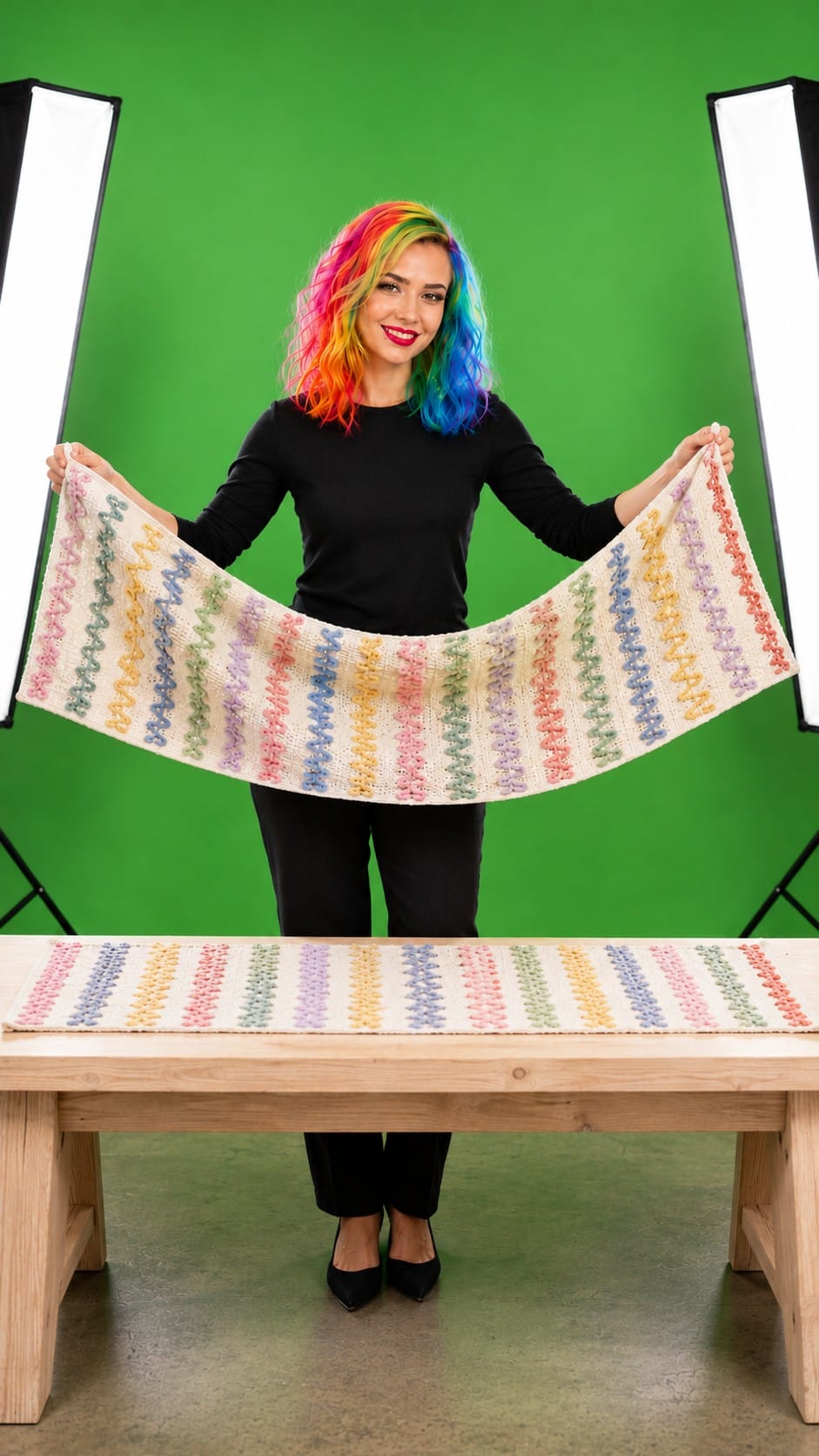 Vicky presenting the colorful checkerboard runner