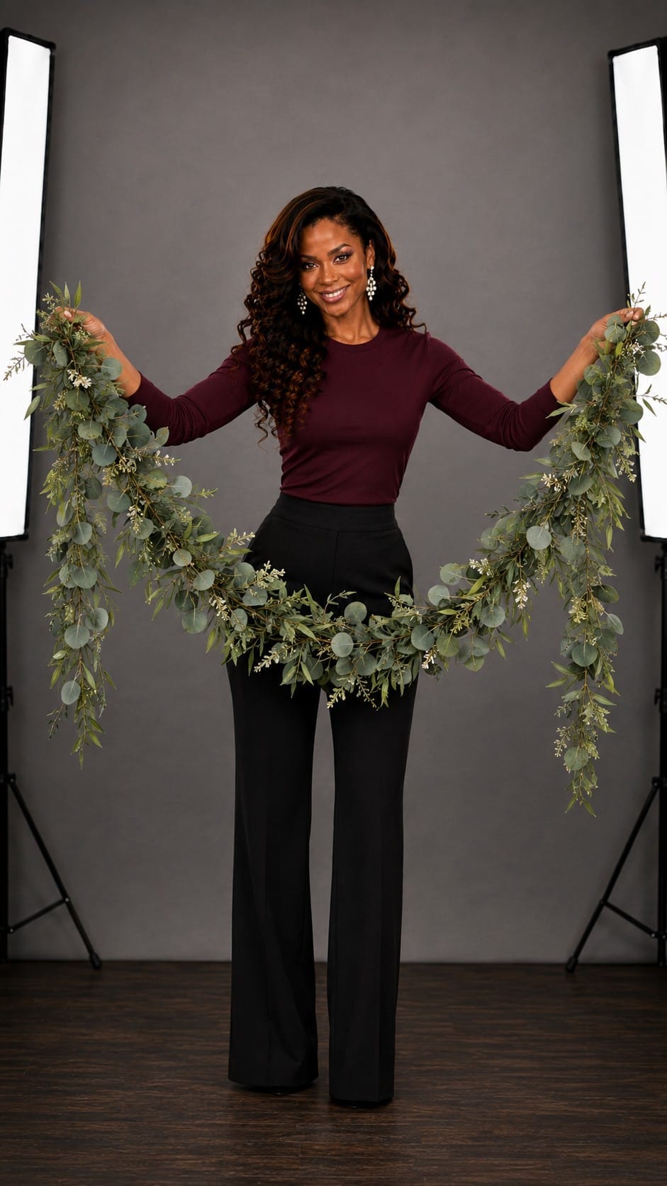 Stacey presenting gold-dipped eucalyptus garland