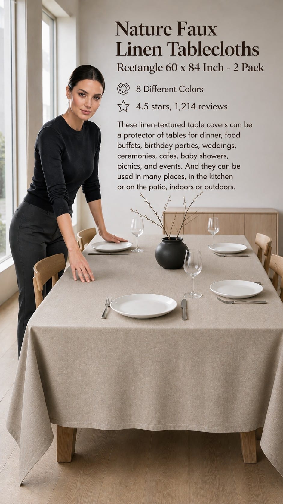 Faux linen tablecloth in oatmeal on a quiet luxury table