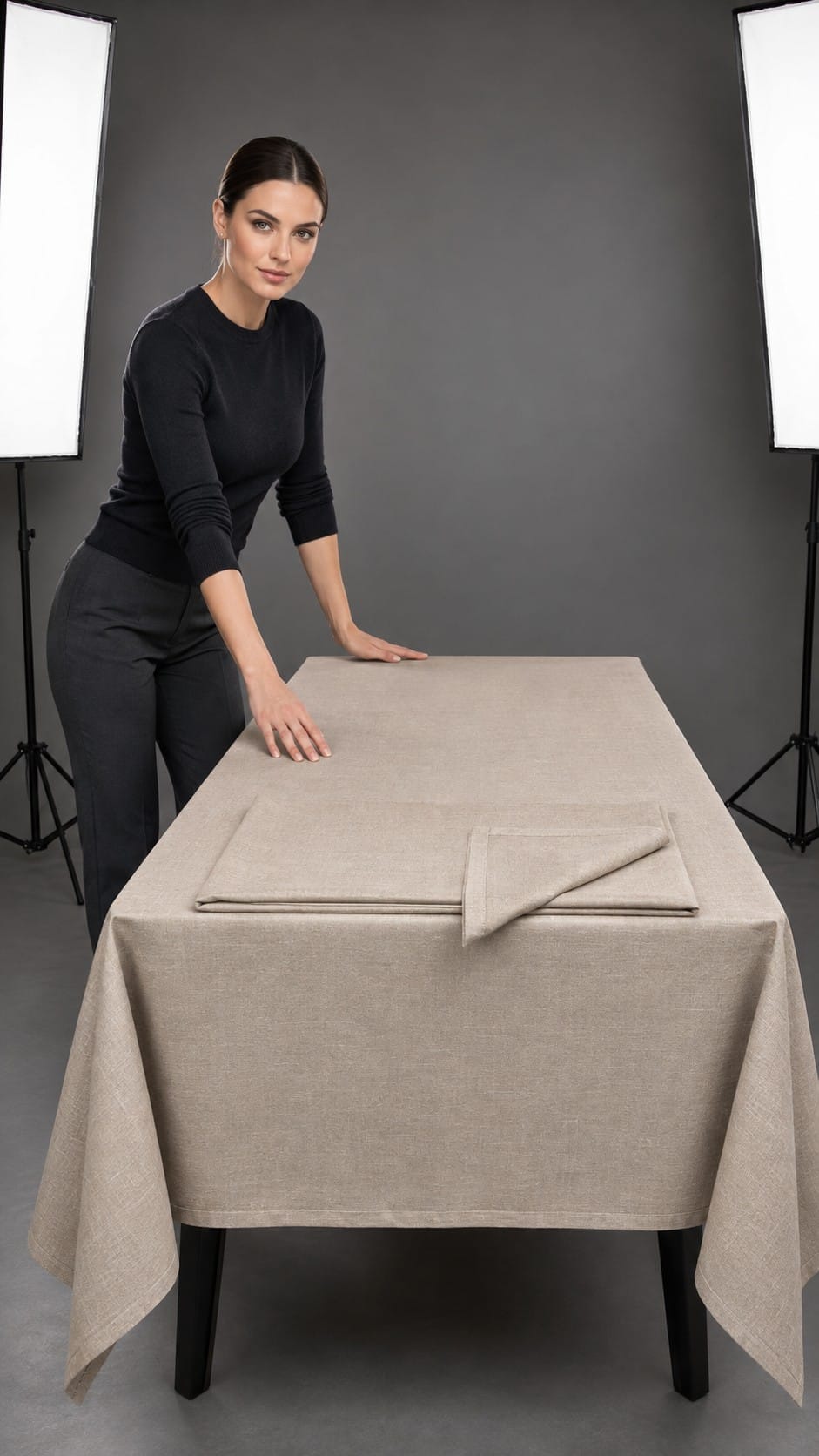 Nikki presenting a washed linen tablecloth in oatmeal
