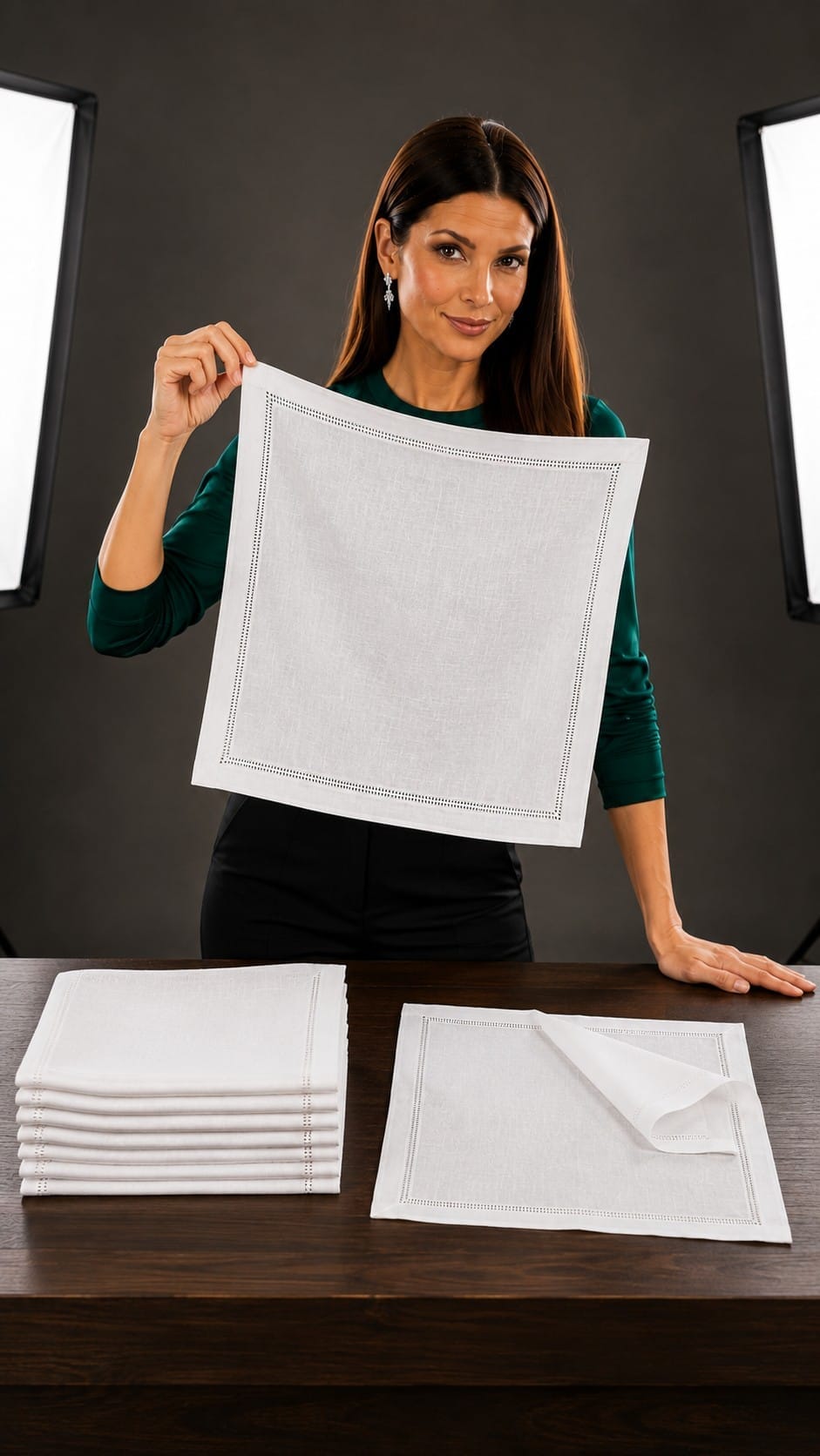 Lexi presenting white flax linen cloth napkins