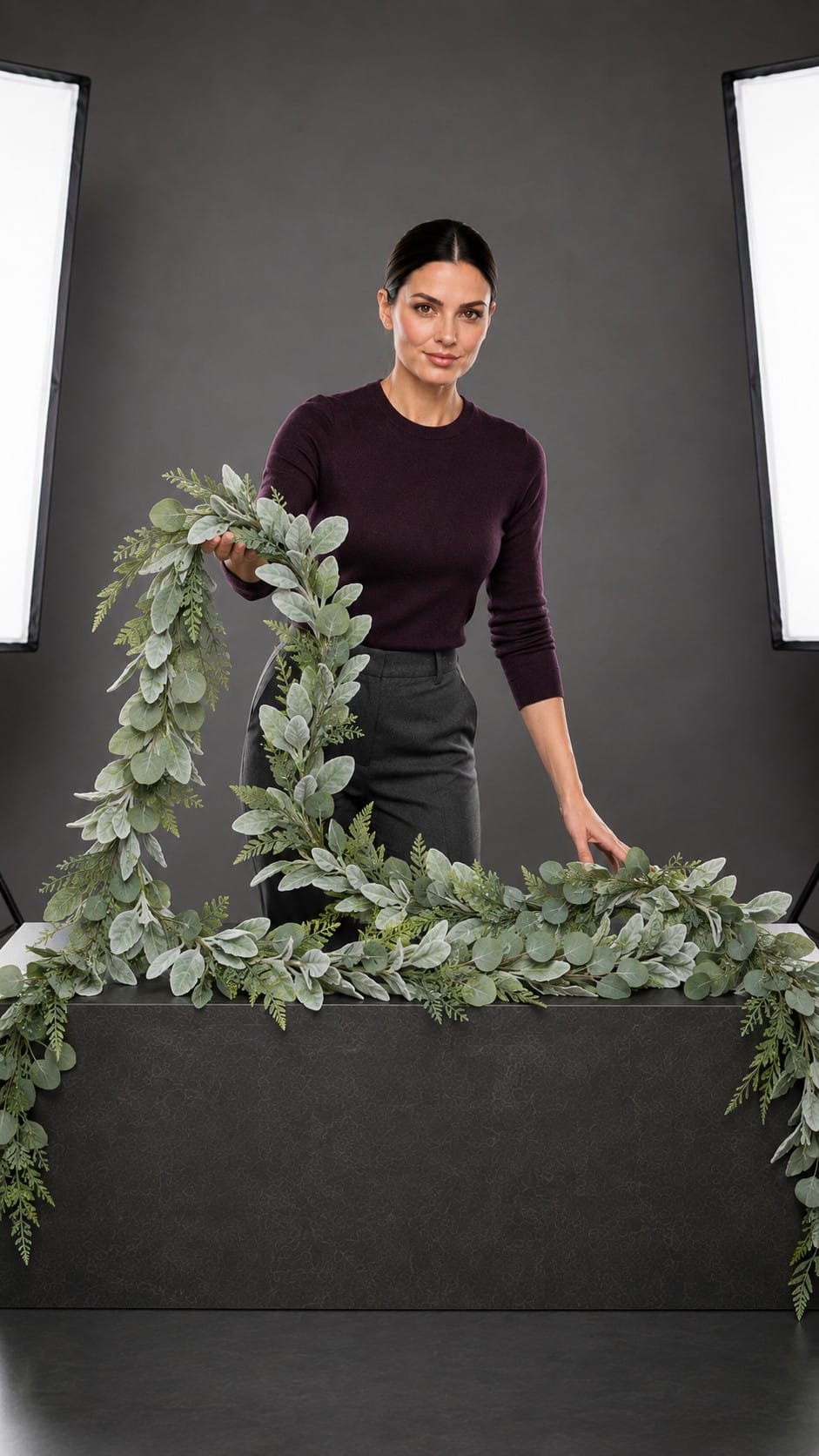 Nikki presenting flocked lambs ear and eucalyptus garland