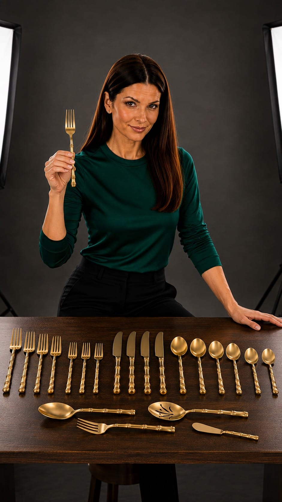 Lexi presenting classic gold flatware service for six