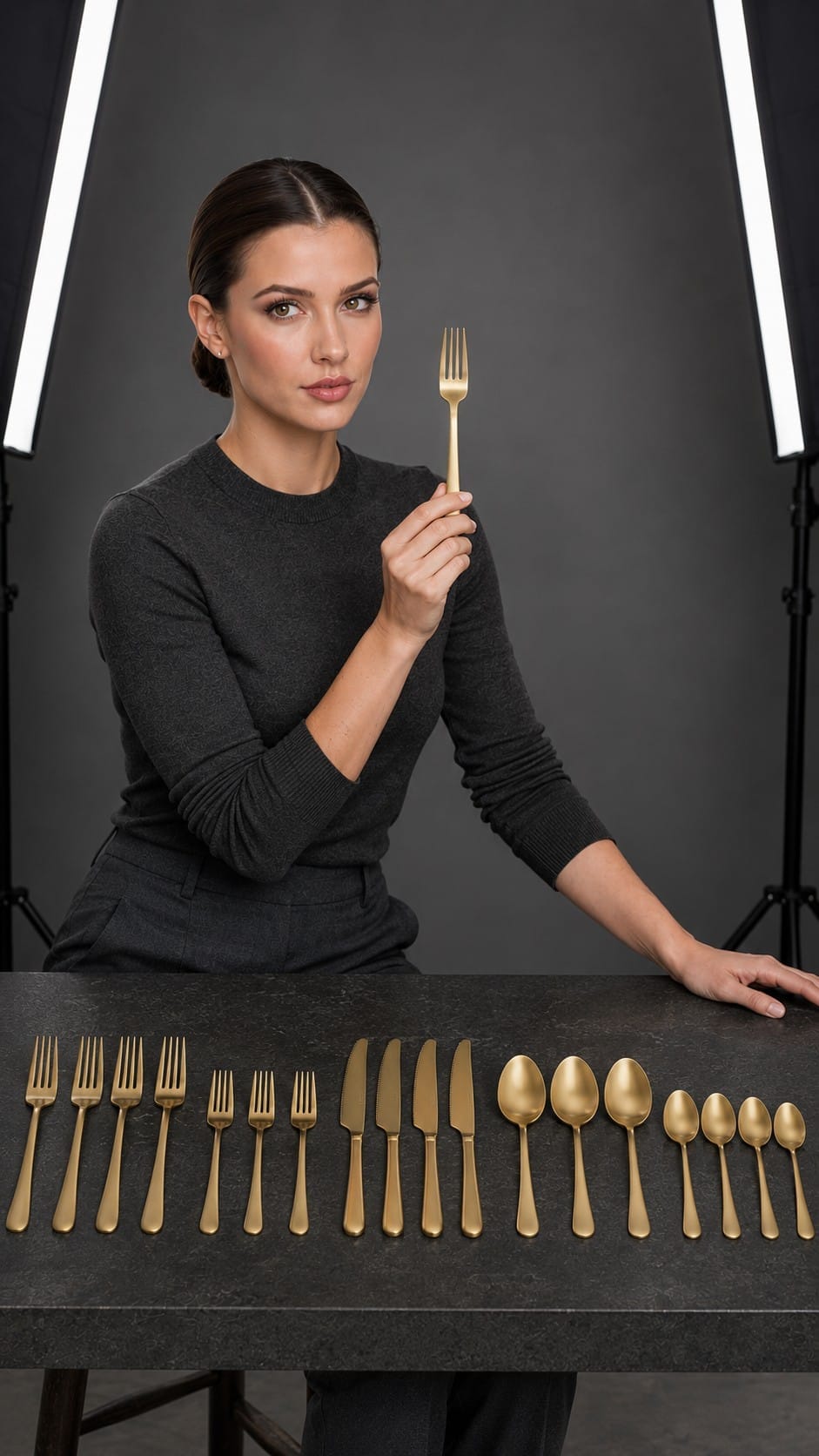 Nikki presenting brushed satin gold flatware