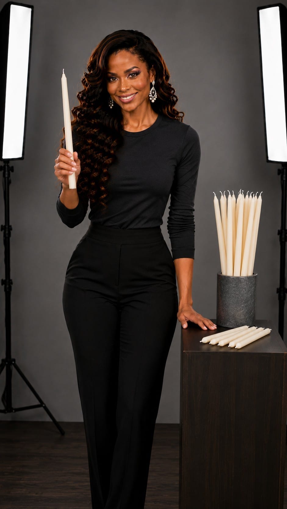 Stacey presenting ivory dripless taper candles