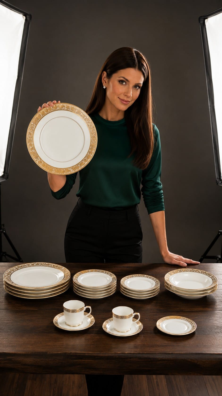 Lexi presenting Noritake Crestwood fine china with a gold band