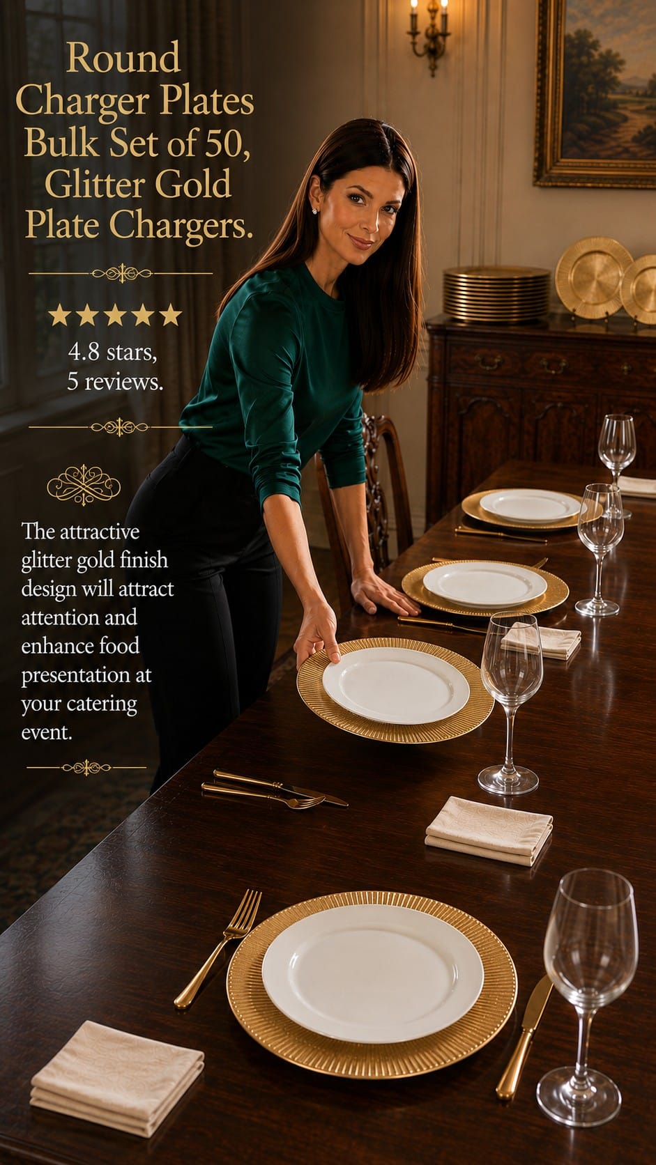 Gold Charger Plates Review — Read the Quantity Before You Order Glitter gold round charger plates on a formal Christmas place setting
