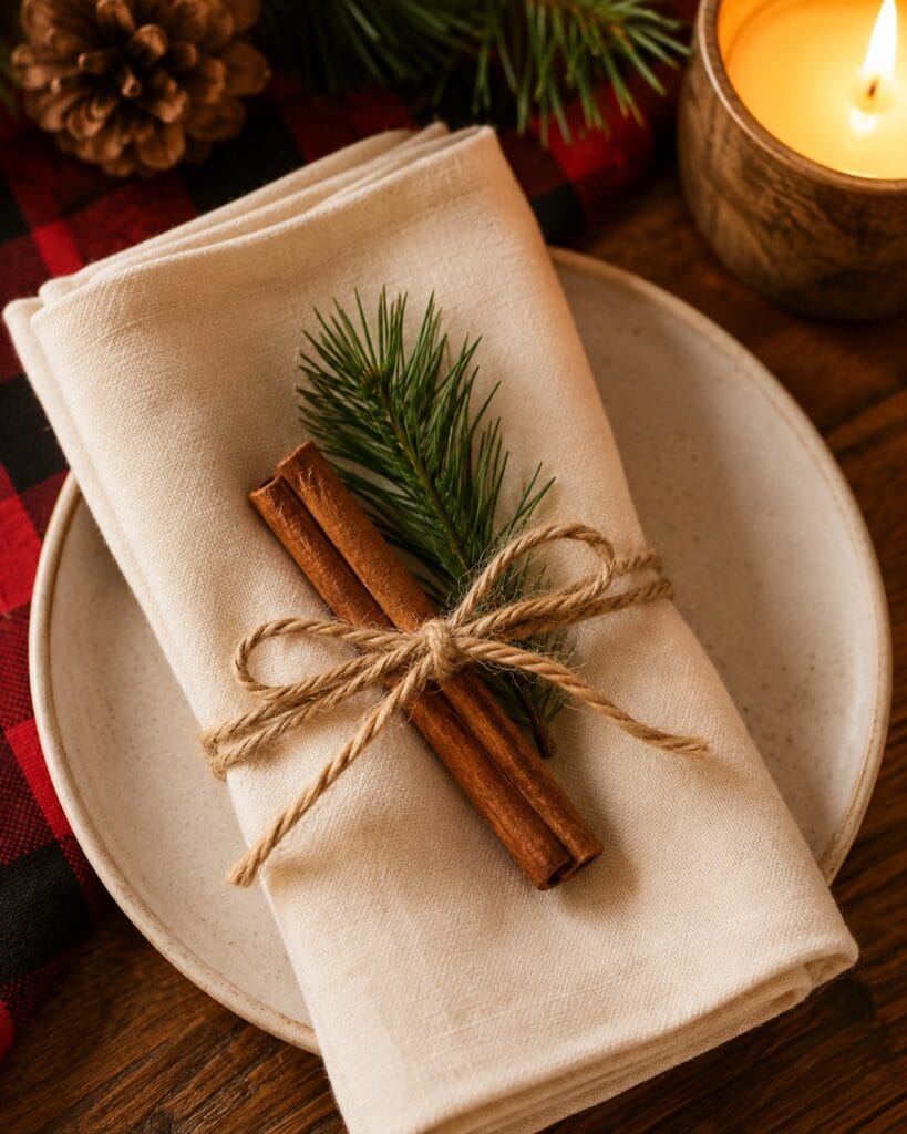 Cozy Farmhouse Christmas Table: Setting Ideas to Shop the Look Cream cloth napkin tied with jute twine, cinnamon sticks and a sprig of pine on a rustic farmhouse Christmas table
