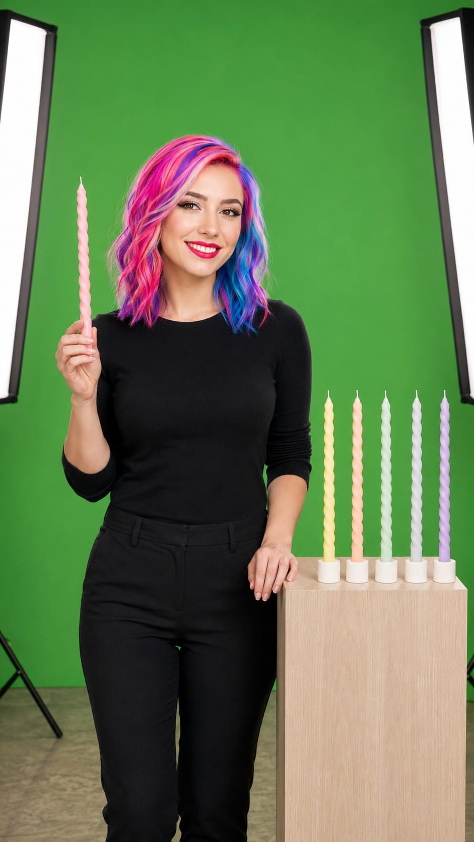 Vicky presenting candy swirl candles