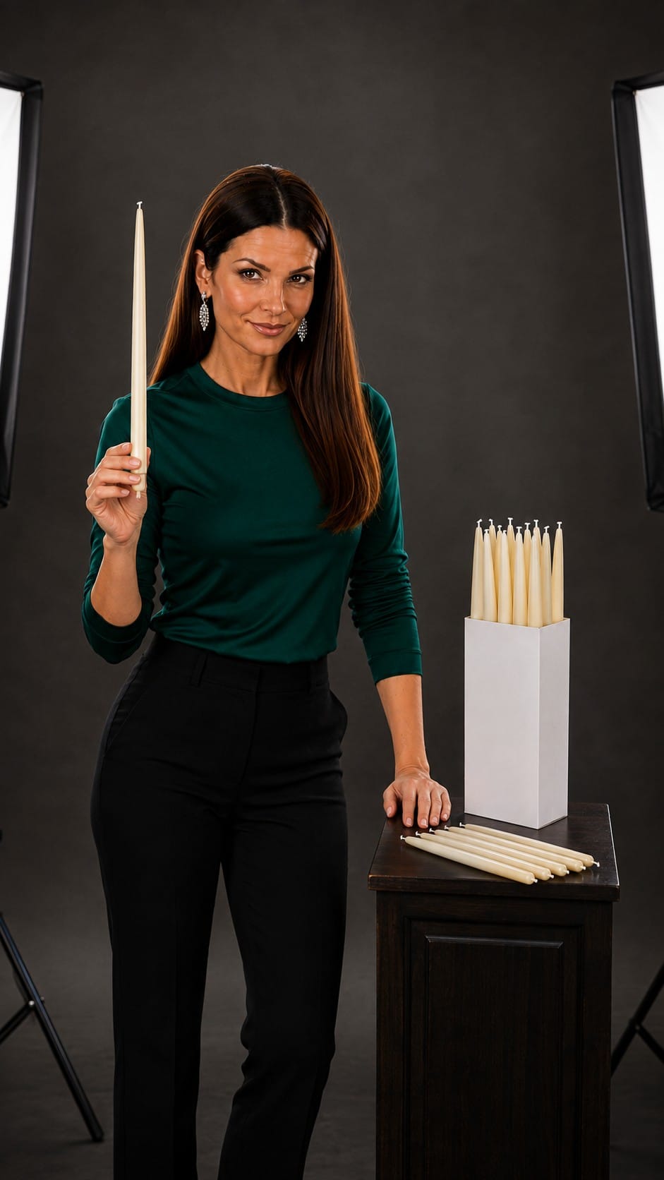 Lexi presenting ivory unscented taper candles