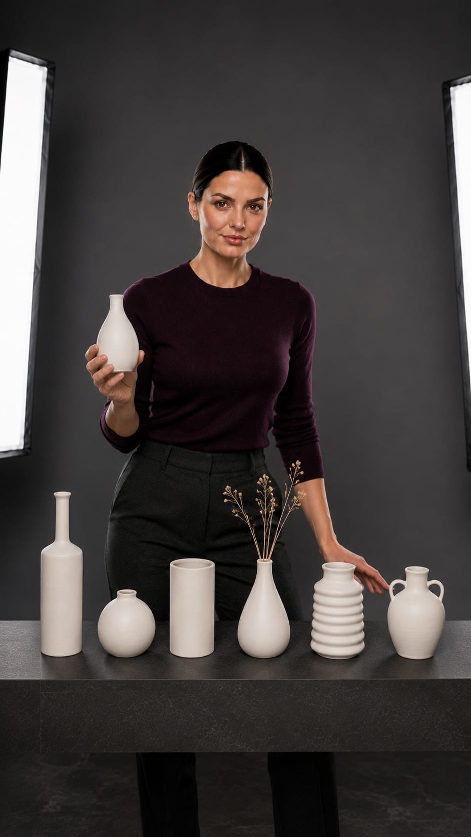 Nikki presenting white matte ceramic bud vases
