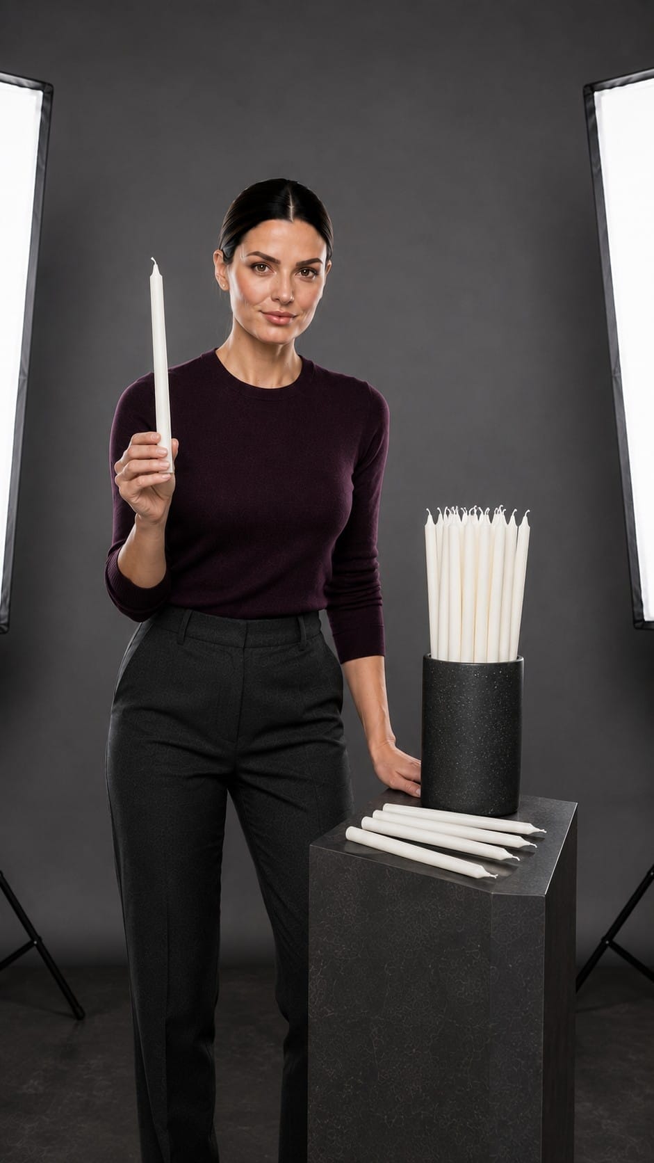 Nikki presenting white dripless taper candles