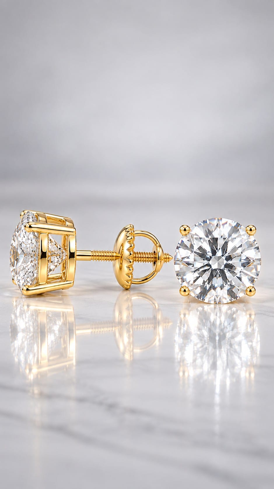 Solid 14K gold four-prong moissanite stud with visible post and back