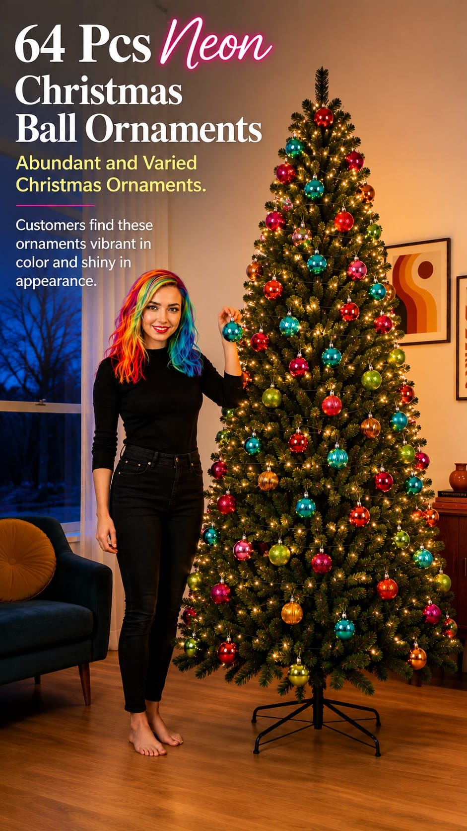 Lunmon 64pc Neon Ornaments: Two Packs, and Every Colour Has to Repeat Lunmon neon multicolour Christmas ball ornaments