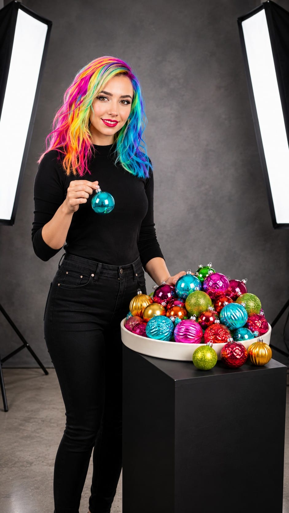Colourful Christmas Tree: The Whole Build for $284 Vivid Vicki holding Lunmon neon multicolour Christmas ball ornaments