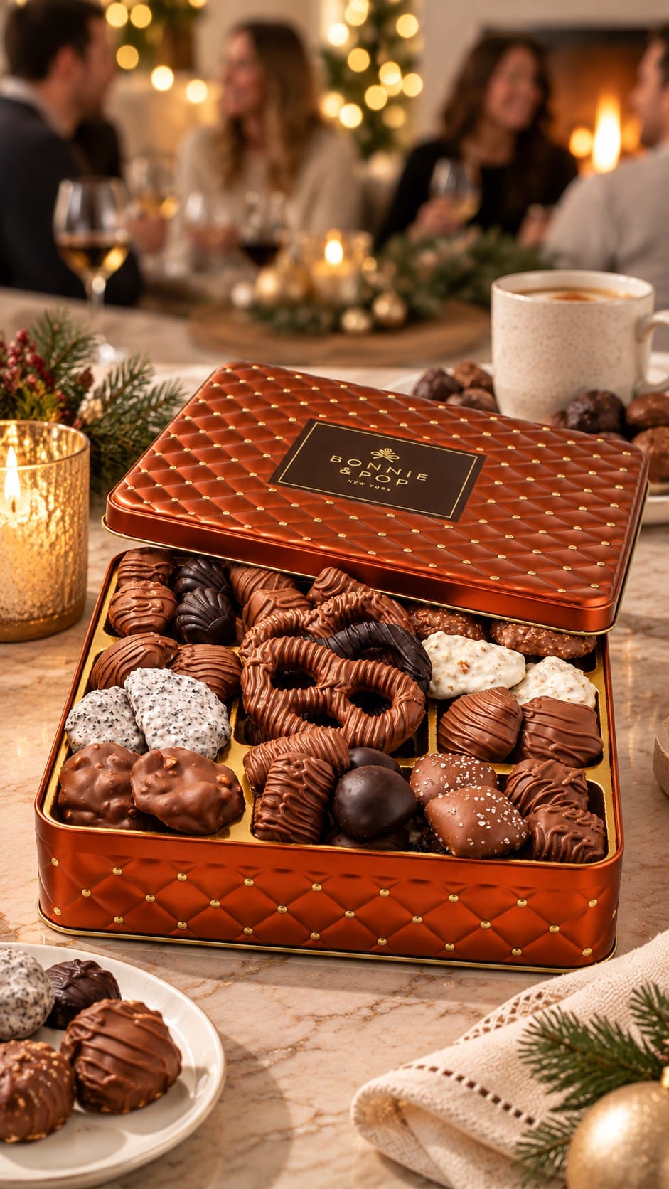 Bonnie & Pop Chocolate Gift Basket Review Bonnie and Pop chocolate gift basket styled on a table