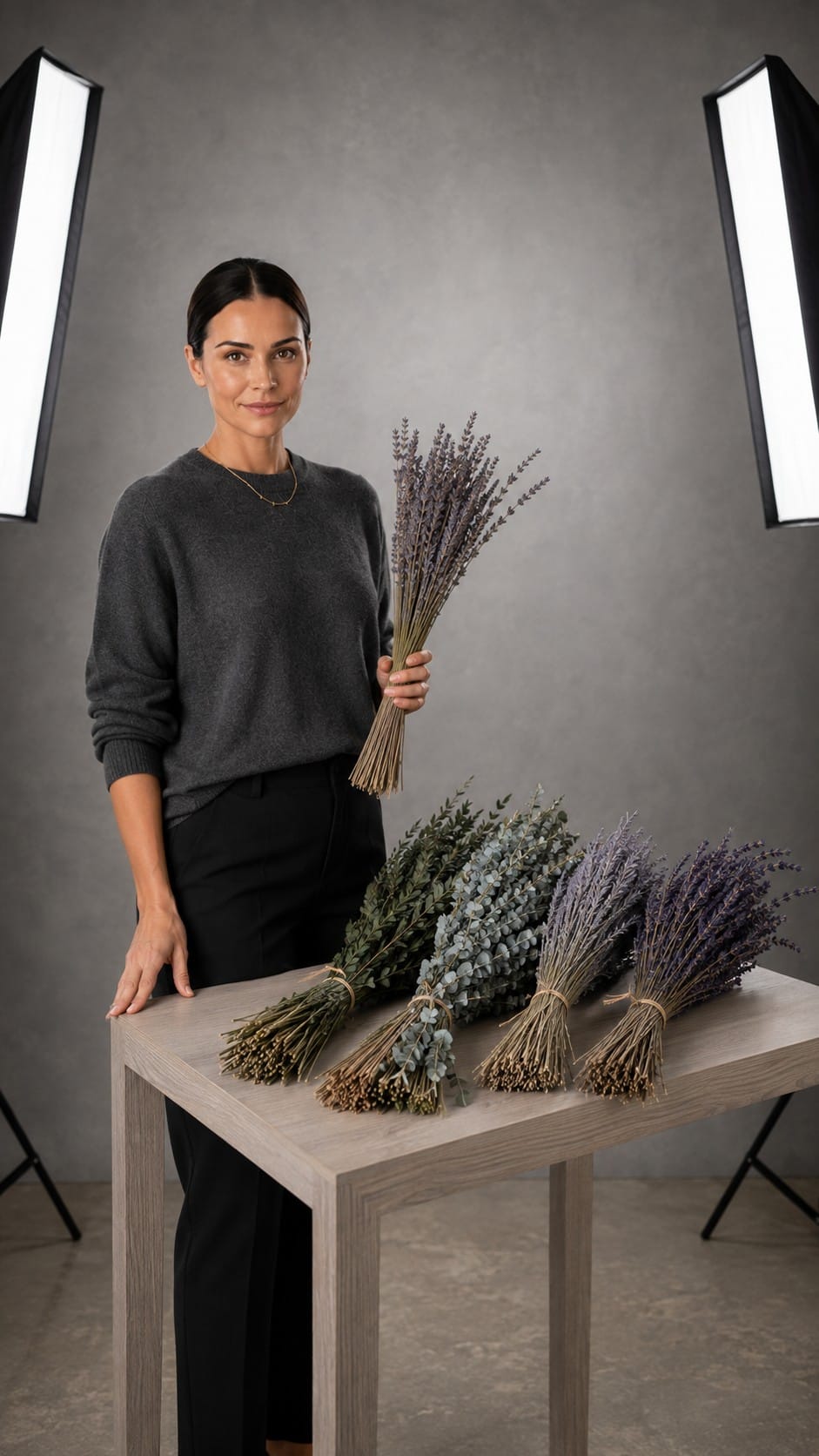 Chic Nikki holding dried eucalyptus stems