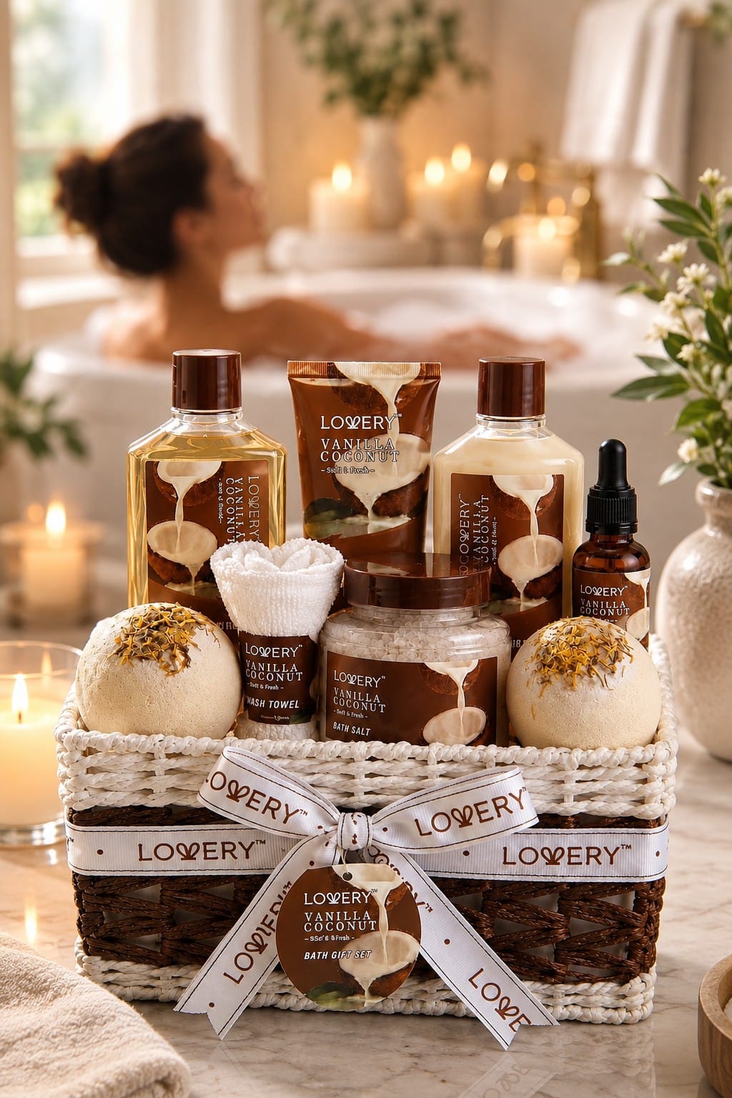 Lovery 9-Piece Vanilla Coconut Spa Gift Basket Review Lovery vanilla coconut spa basket styled in a bathroom