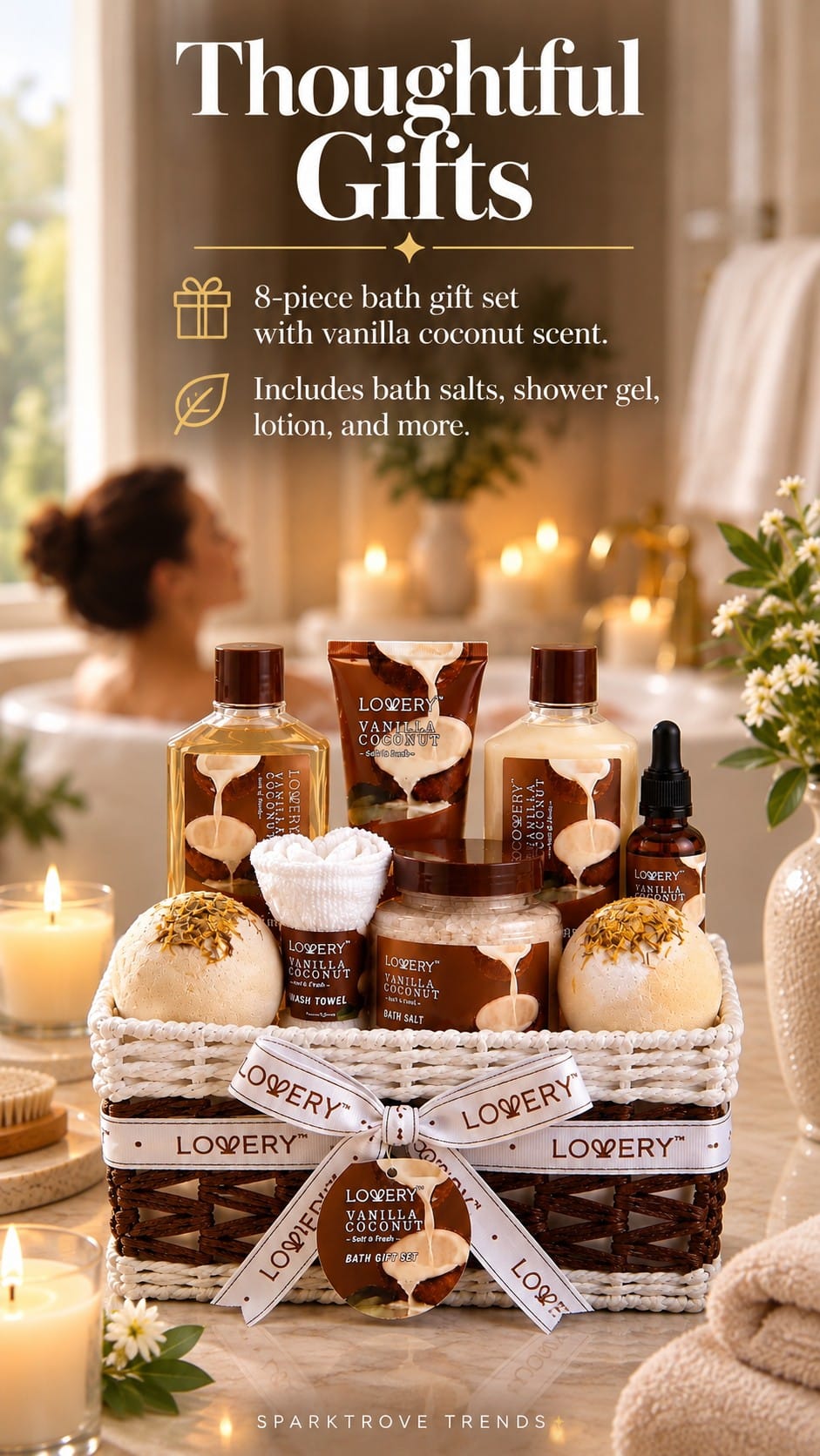 Lovery 9-Piece Vanilla Coconut Spa Gift Basket Review Lovery vanilla coconut spa gift basket overlay graphic