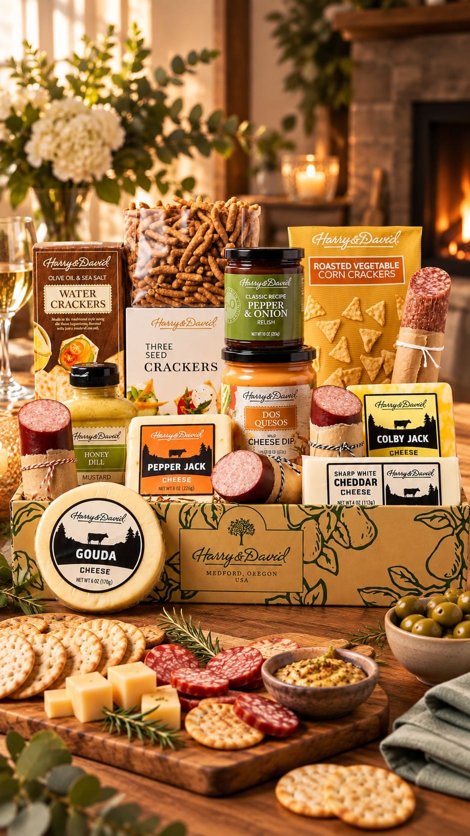 Harry & David Ultimate meat and cheese box styled on a serving board