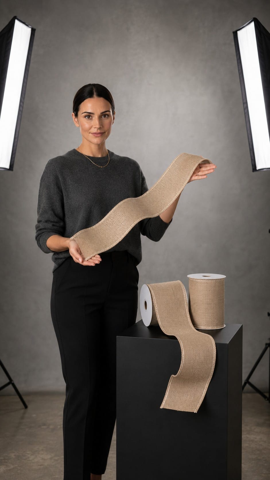 Chic Nikki holding a roll of Ribbli natural linen wired ribbon in beige