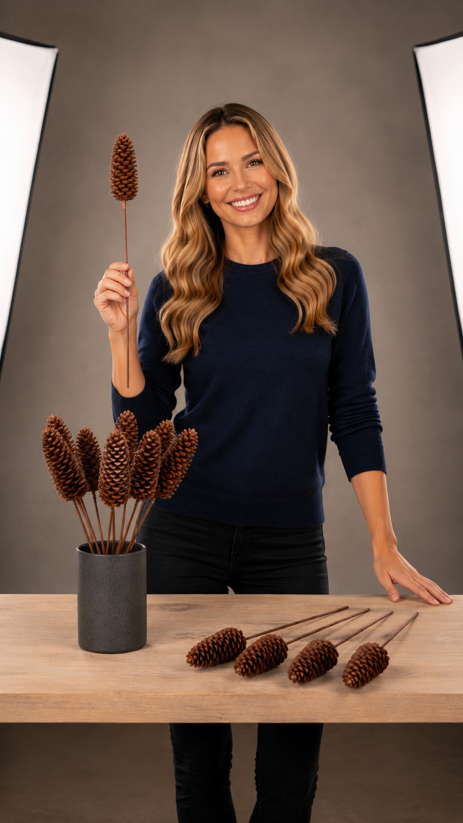 Trendy Wendy holding a bundle of Winlyn natural pinecone picks on wired stems