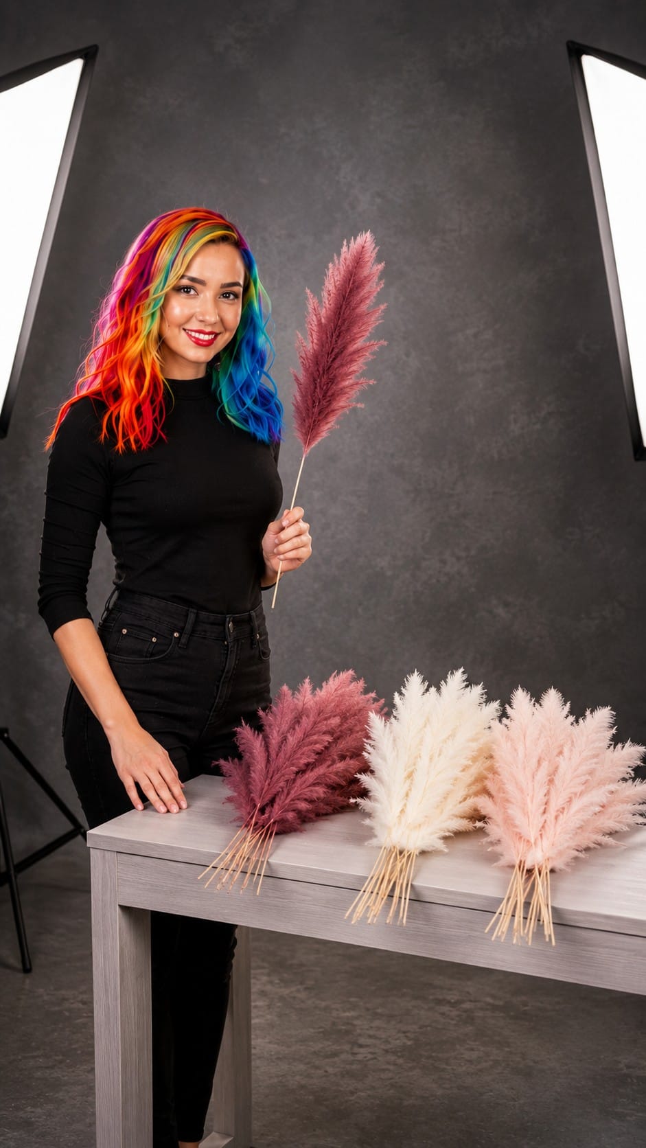 Colourful Christmas Tree: The Whole Build for $284 Vivid Vicki holding pink faux pampas grass stems