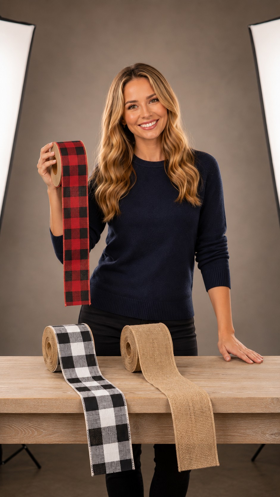 Trendy Wendy holding a roll of red and black buffalo plaid wired ribbon