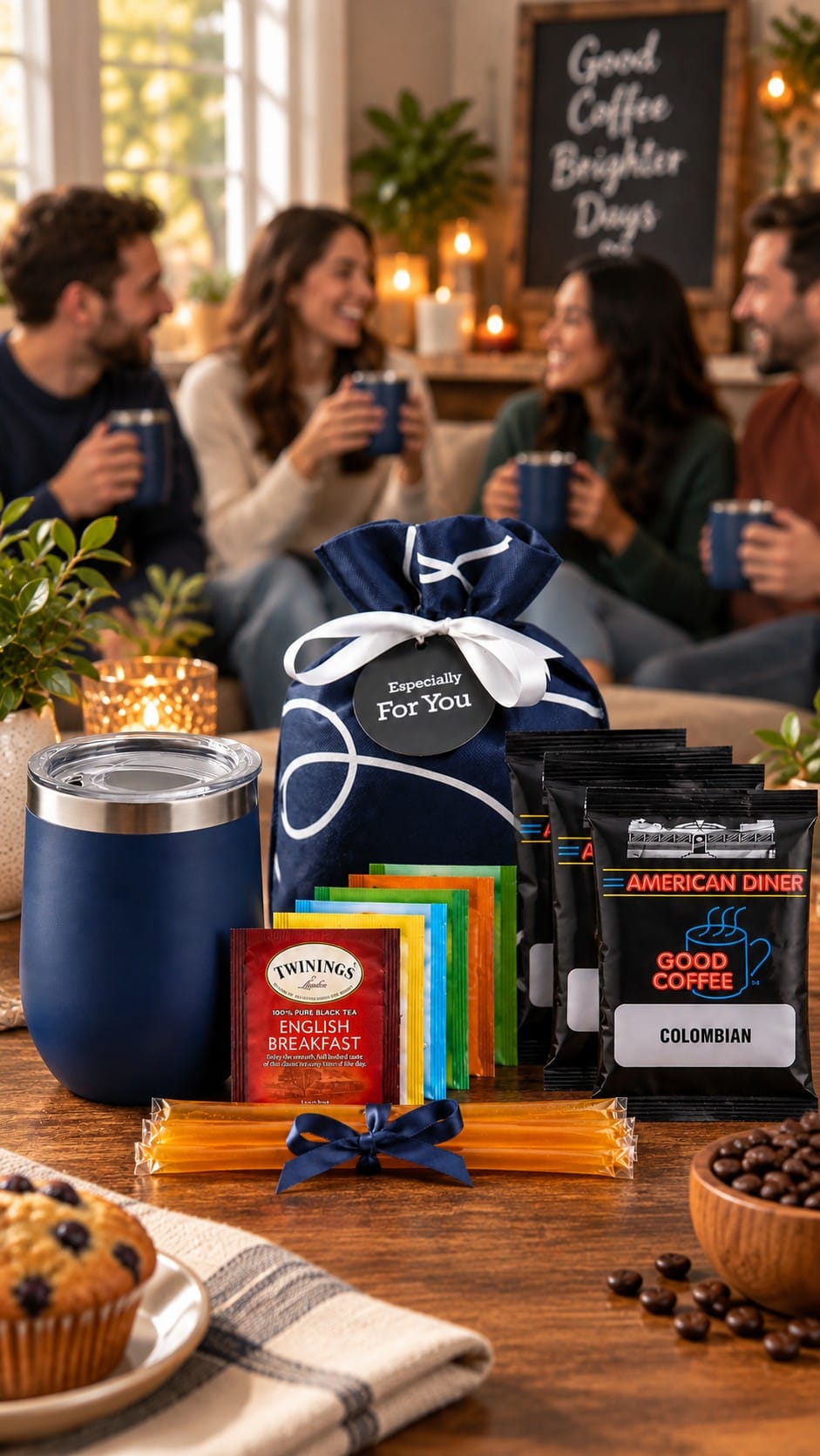 Tea and coffee lovers gift set styled on a kitchen counter