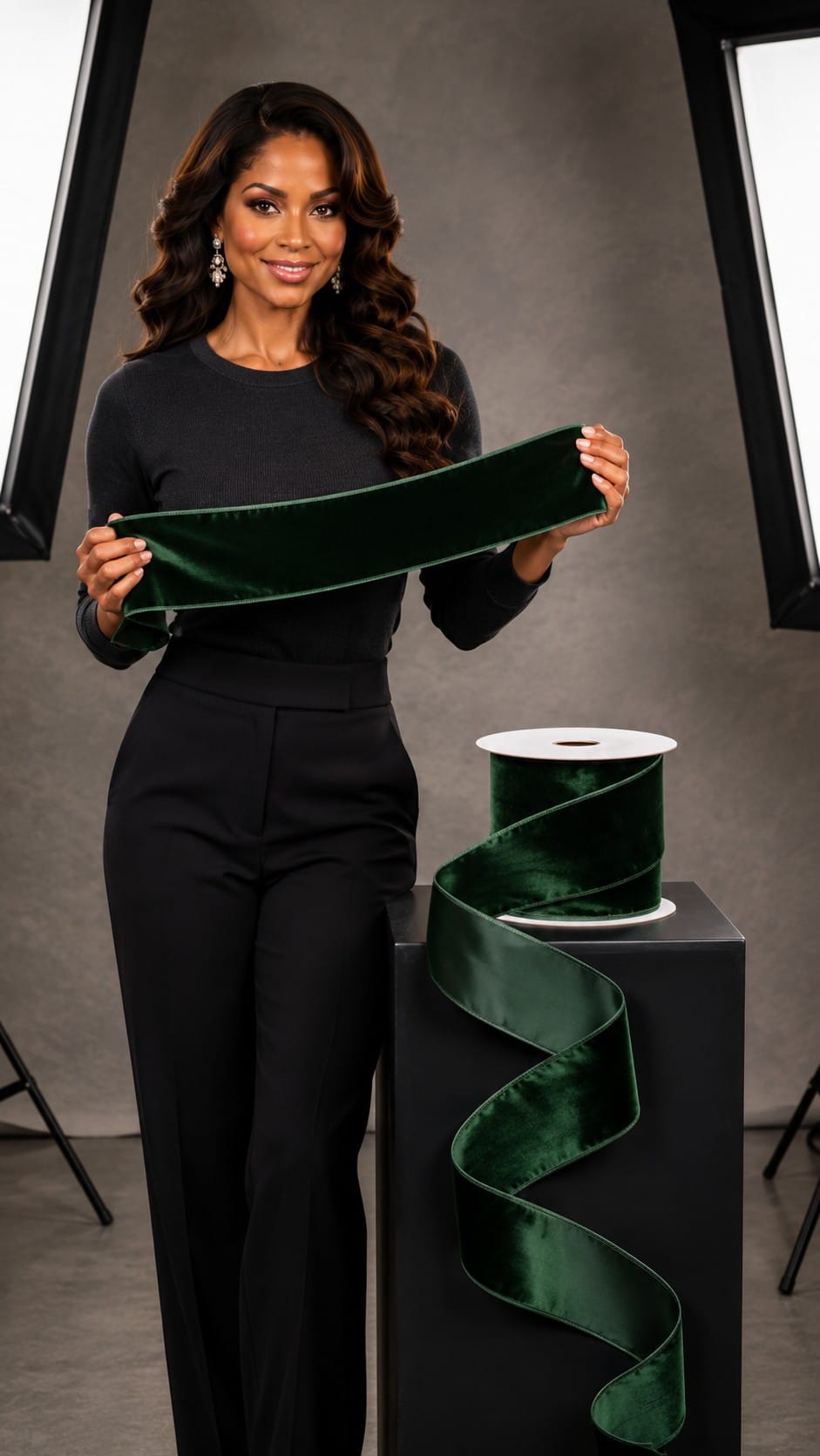 Glam Christmas Tree: The Whole Build for $357 Sparkle Stacey holding a roll of Ribbli forest green velvet wired ribbon