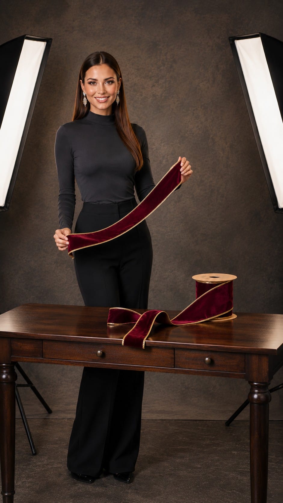 Heritage Christmas Tree: The Whole Build for $1,359 Luxe Lexi holding LaRibbons four inch burgundy velvet wired ribbon with gold edge