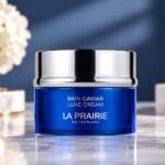 Elegant woman in a navy satin robe smiling beside a cobalt blue jar of La Prairie Skin Caviar Luxe Cream on a marble vanity with white flowers and candles.