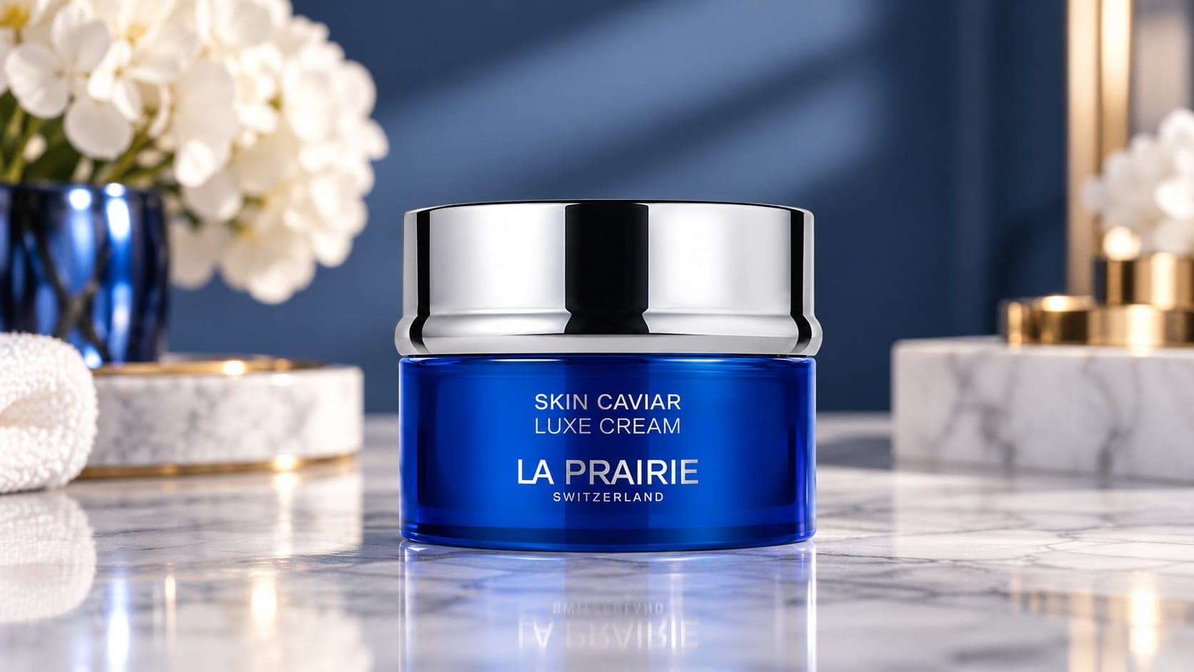 Elegant woman in a navy satin robe smiling beside a cobalt blue jar of La Prairie Skin Caviar Luxe Cream on a marble vanity with white flowers and candles.